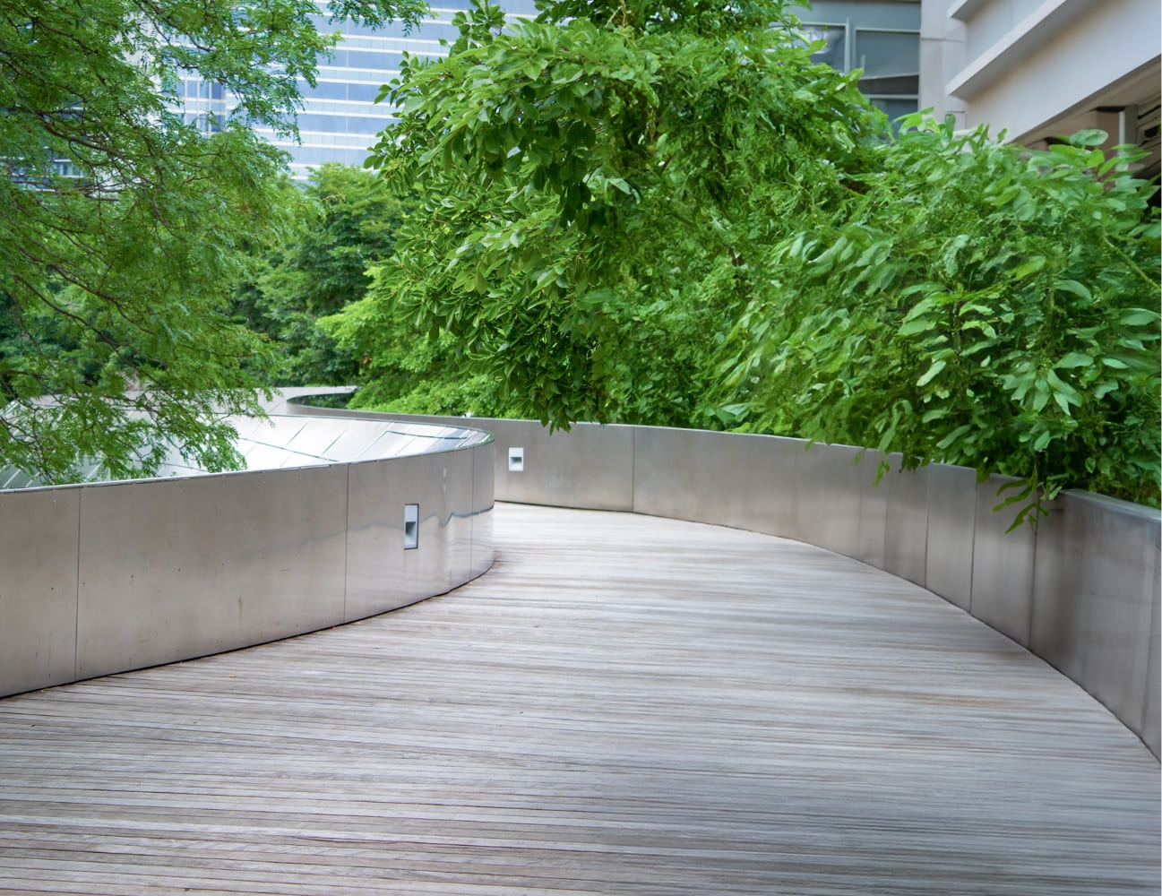 Indoor bridge going between trees, inside a modern building