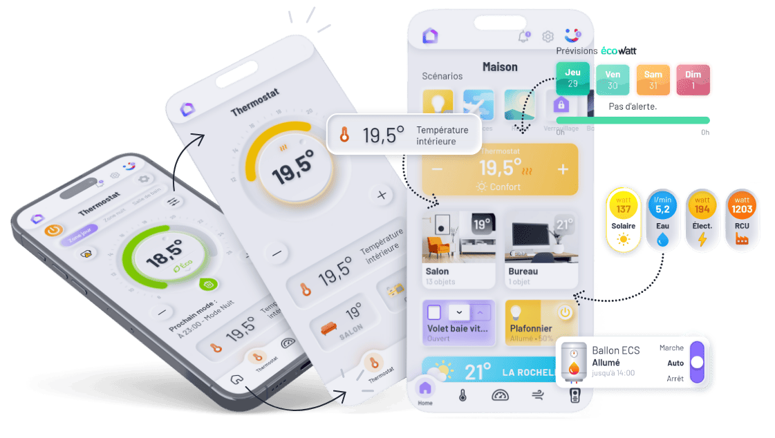 Different versions of the smartphone app NeHo showing modular GUI components