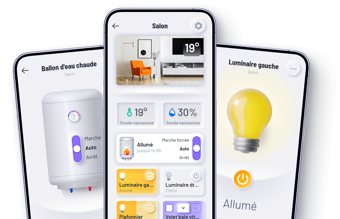 Mockup of different pages of the NeHo app showing the overall smart home dashboard with its widgets, and devices control pages (Smart lighting and hot water)