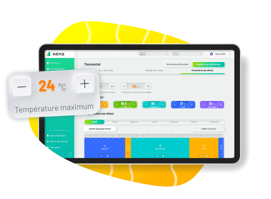 NeMa interface where managers can control the thermostat's settings and temperatures