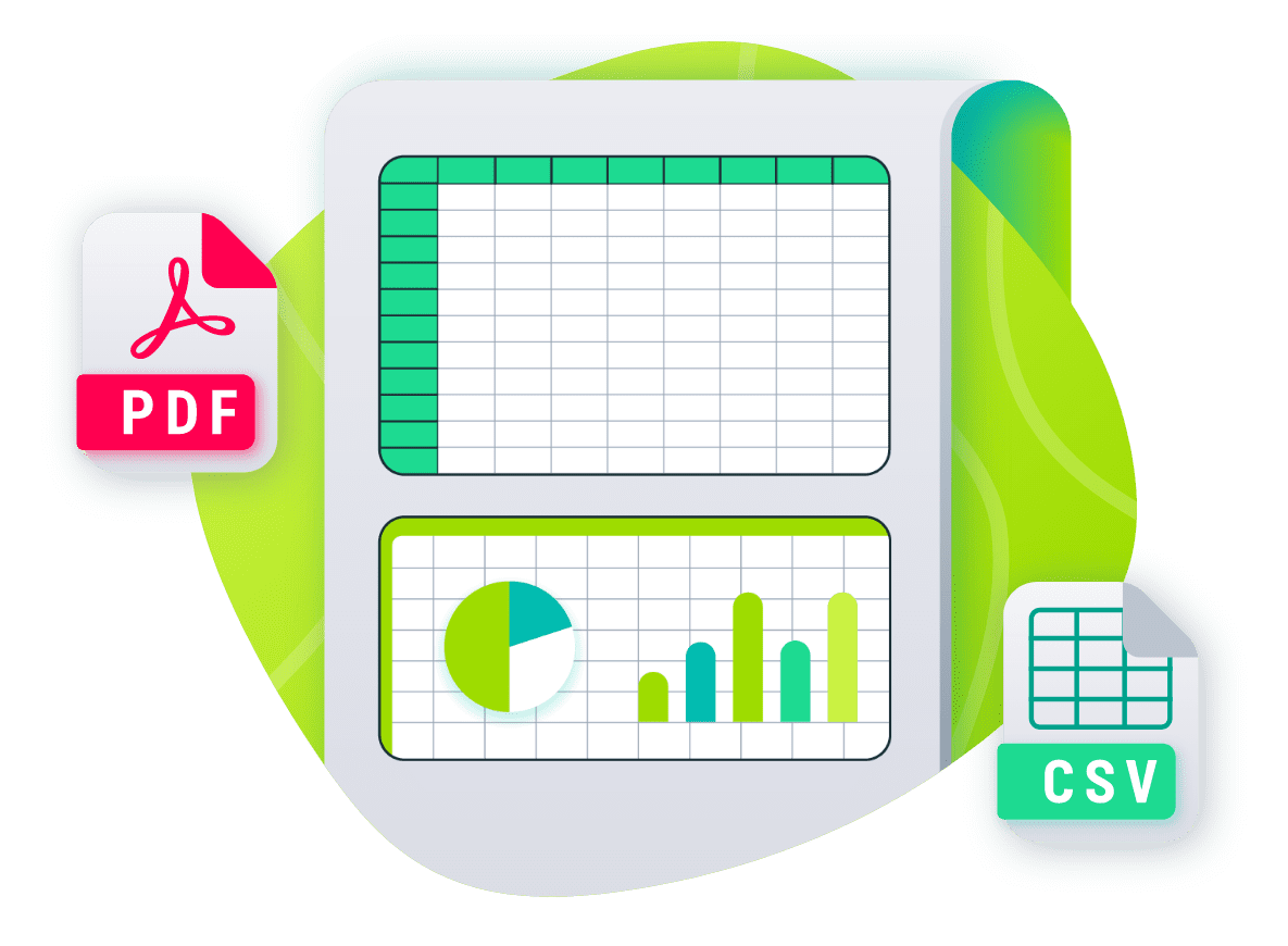 vector illustration of a spreadsheet showing data in table and chart formatting, and icons of CSV and PDF formats